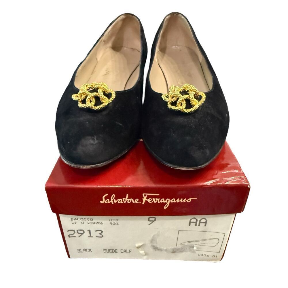 Salvatore Ferragamo Black Suede Heeled Loafers Size 9 Gold Accent Balocco Style
